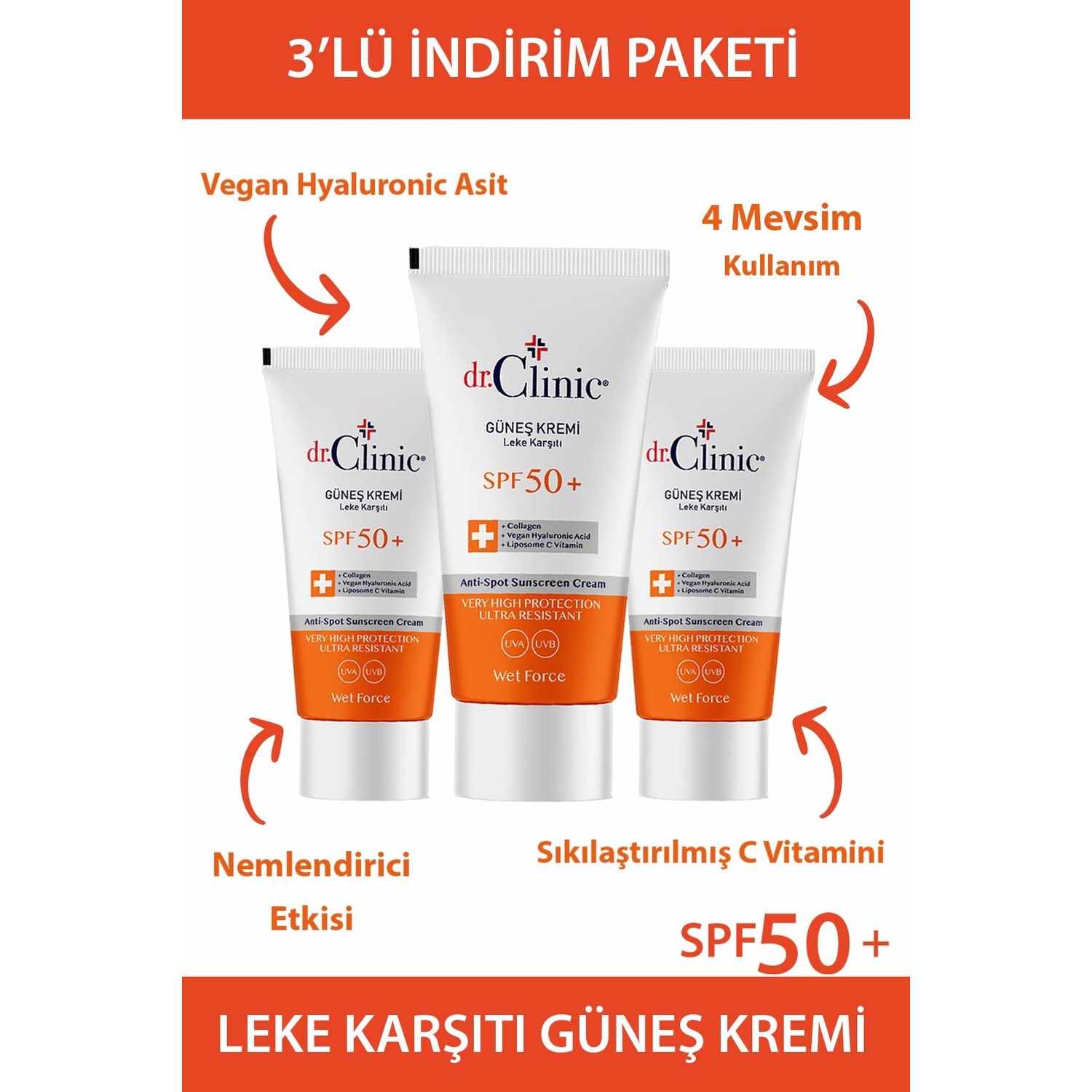 Dr.clinic Güneş Koruyucu Krem Leke Karşıtı Spf50 X 3 Adet